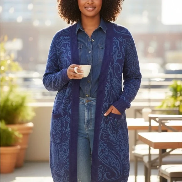 Isaac Mizrahi Blue Paisley Cardigan - Picture 1 of 1